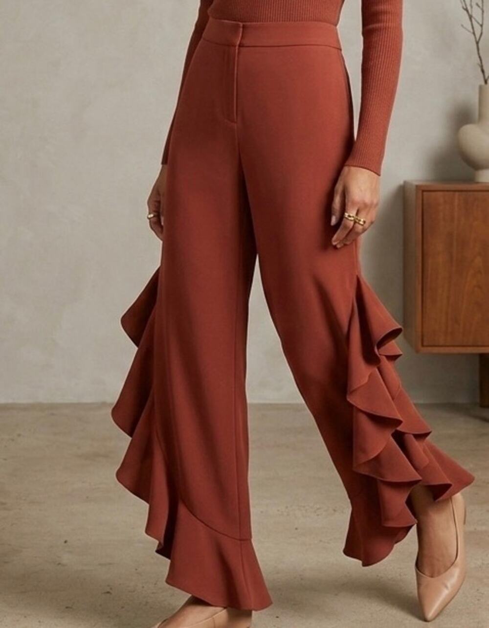 Amanda Uprichard‎ Moonlight Ruffled Pants Sz Small Harvest Burnt Orange
